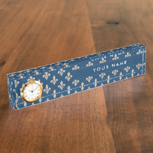 Fleur de Lis Pattern, French, Royal, Cream, Blue Nameplate
