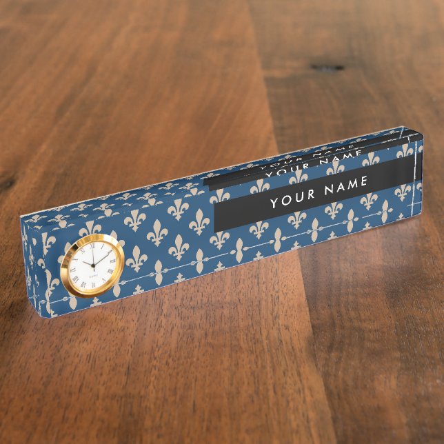 Fleur de Lis Pattern, French, Royal, Cream, Blue Nameplate (Side)