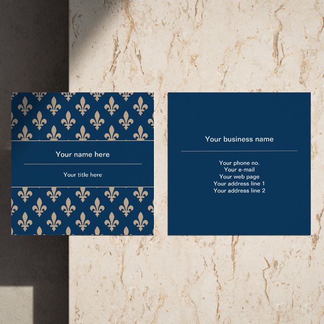 Fleur de Lis Pattern, French, Royal, Cream, Blue Square Business Card (Creator Uploaded)