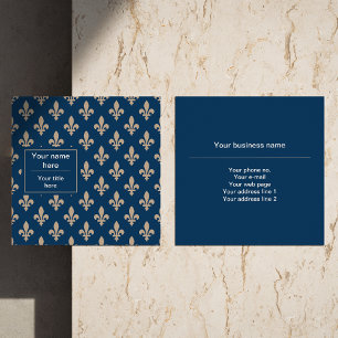 Fleur de Lis Pattern, French, Royal, Cream, Blue Square Business Card