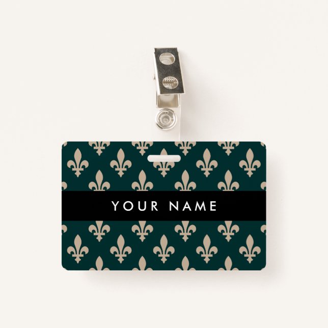 Fleur de Lis Pattern, French, Royal, Cream, Green Badge (Front with Clip)