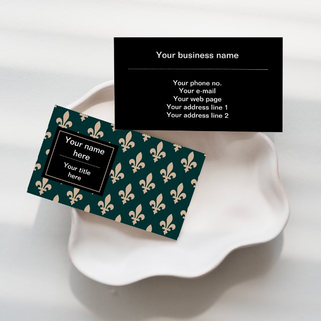 Fleur de Lis Pattern, French, Royal, Cream, Green Business Card (Creator Uploaded)