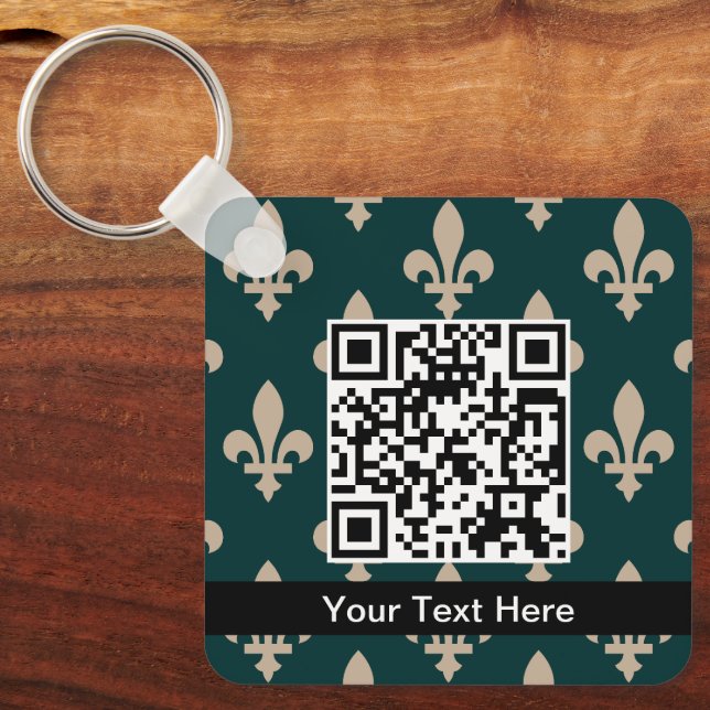 Fleur de Lis Pattern, French, Royal, Cream, Green Keychain (Front)