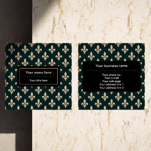 Fleur de Lis Pattern, French, Royal, Cream, Green Square Business Card