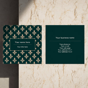 Fleur de Lis Pattern, French, Royal, Cream, Green Square Business Card