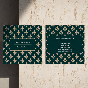 Fleur de Lis Pattern, French, Royal, Cream, Green Square Business Card
