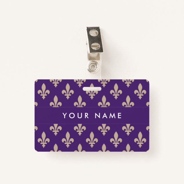 Fleur de Lis Pattern, French, Royal, Cream, Purple Badge (Front with Clip)