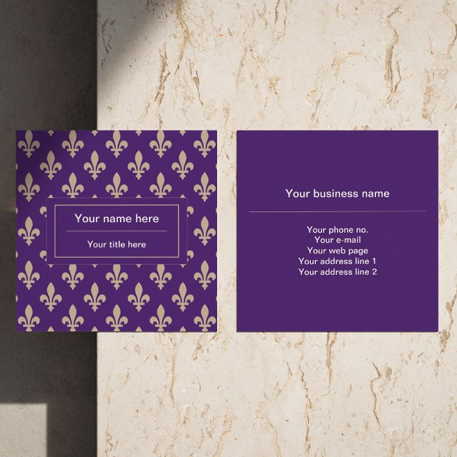 Fleur de Lis Pattern, French, Royal, Cream, Purple Square Business Card (Creator Uploaded)