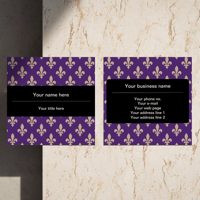 Fleur de Lis Pattern, French, Royal, Cream, Purple Square Business Card (Creator Uploaded)