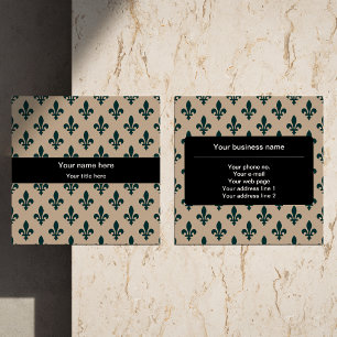 Fleur de Lis Pattern, French, Royal, Green Square Business Card