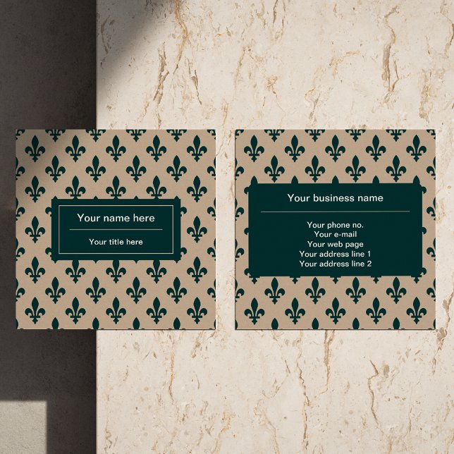Fleur de Lis Pattern, French, Royal, Green Square Business Card (Creator Uploaded)