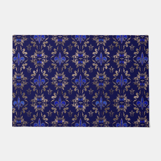 Fleur-de-lis pattern lapis lazuli and gold doormat (Front)