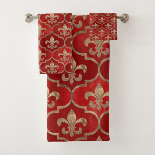 Fleur-de-lis pattern luxury red bath towel set