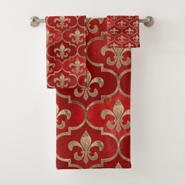 Fleur-de-lis pattern luxury red bath towel set (Insitu)