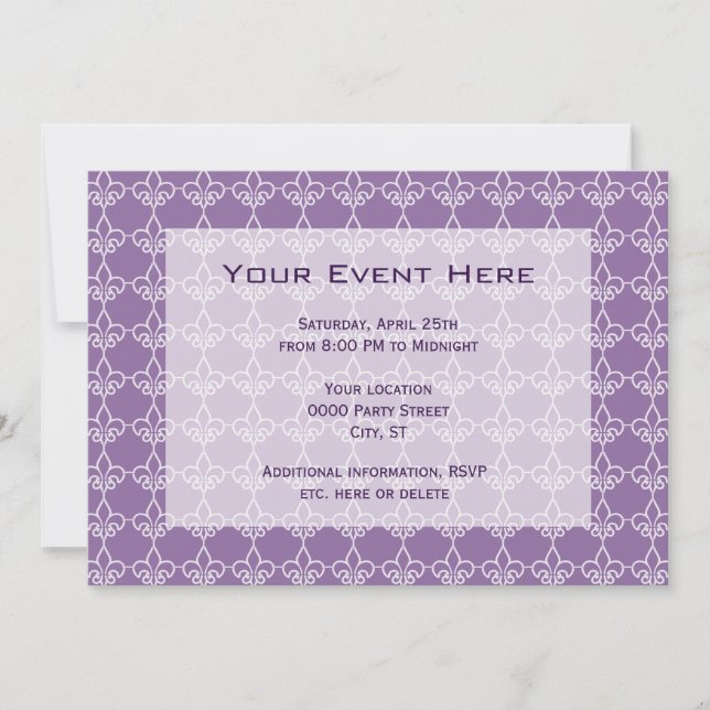 Fleur de Lis Pattern Party Invitation Purple White (Front)