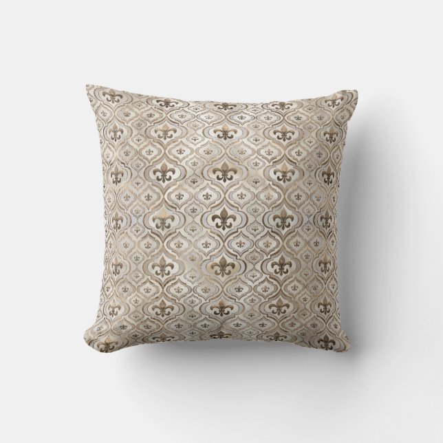 Fleur-de-lis pattern pearl and gold throw pillow (Front)