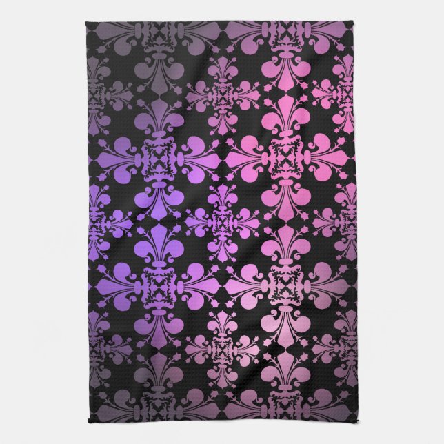 Fleur de lis pattern pink purple black kitchen towel (Vertical)