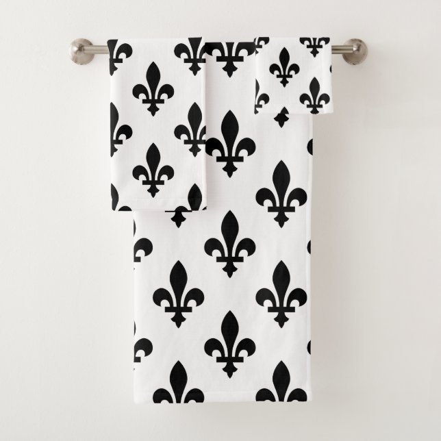 Fleur de Lis Pattern, Royal French, Black on White Bath Towel Set (Insitu)