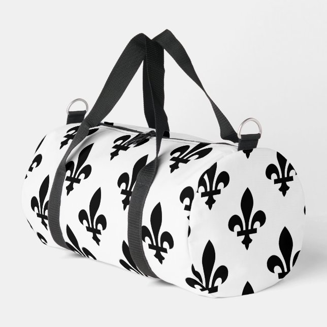 Fleur de Lis Pattern, Royal French, Black on White Duffle Bag (Left Corner)