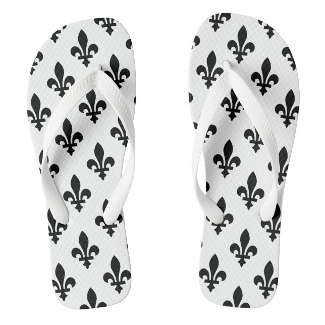Fleur de Lis Pattern, Royal French, Black on White Flip Flops (Footbed)