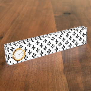 Fleur de Lis Pattern, Royal French, Black on White Nameplate
