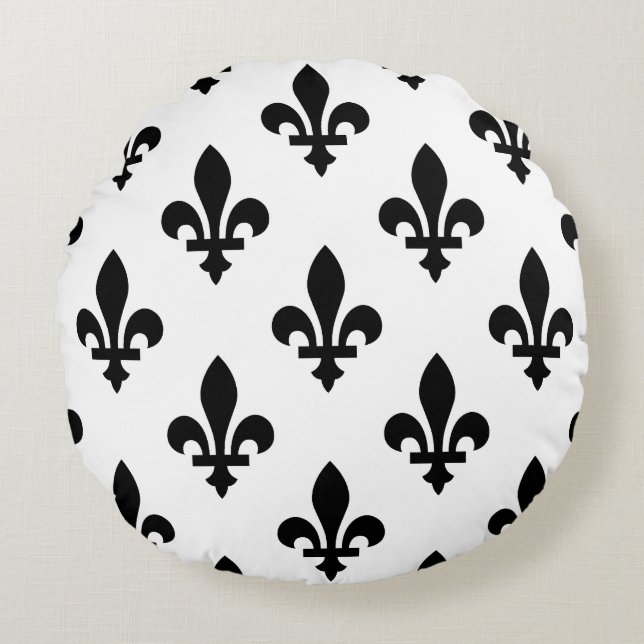 Fleur de Lis Pattern, Royal French, Black on White Round Pillow (Front)