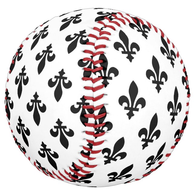 Fleur de Lis Pattern, Royal French, Black on White Softball (Angled)