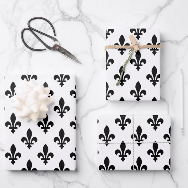 Fleur de Lis Pattern, Royal French, Black on White Wrapping Paper Sheet (Front)