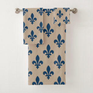 Fleur de Lis Pattern, Royal French Blue on Cream Bath Towel Set