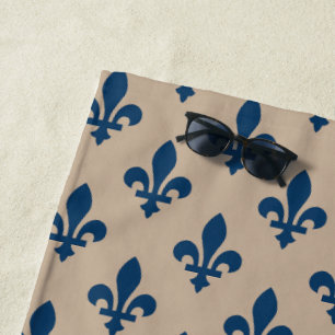 Fleur de Lis Pattern, Royal French Blue on Cream Beach Towel