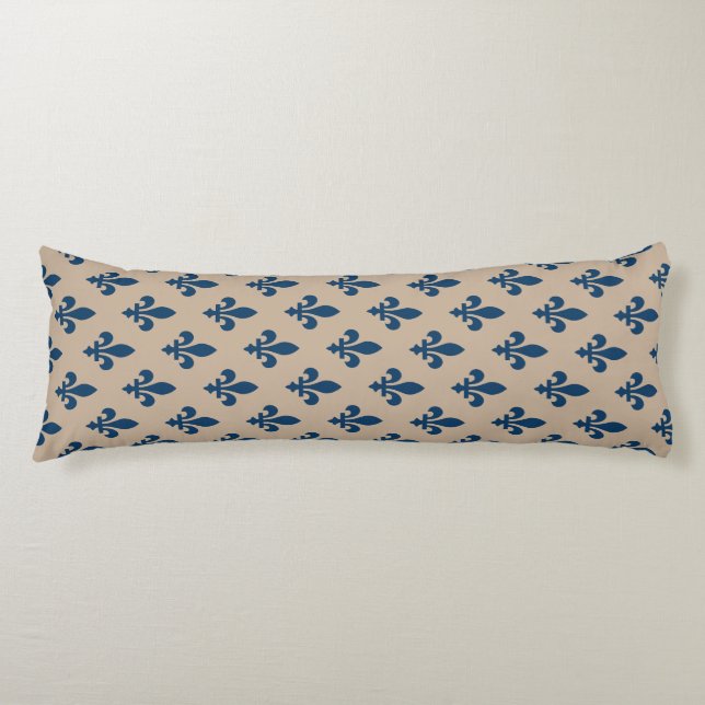 Fleur de Lis Pattern, Royal French Blue on Cream Body Pillow (Front)