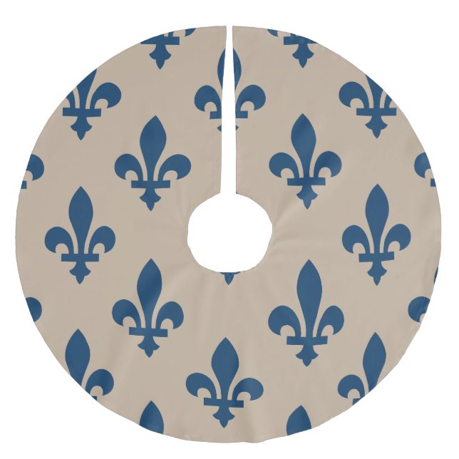 Fleur de Lis Pattern, Royal French Blue on Cream Brushed Polyester Tree Skirt (Front)