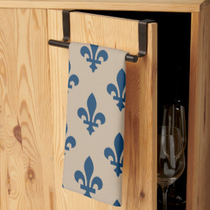 Fleur de Lis Pattern, Royal French Blue on Cream Kitchen Towel