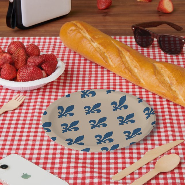 Fleur de Lis Pattern, Royal French Blue on Cream Paper Plate (Picnic)