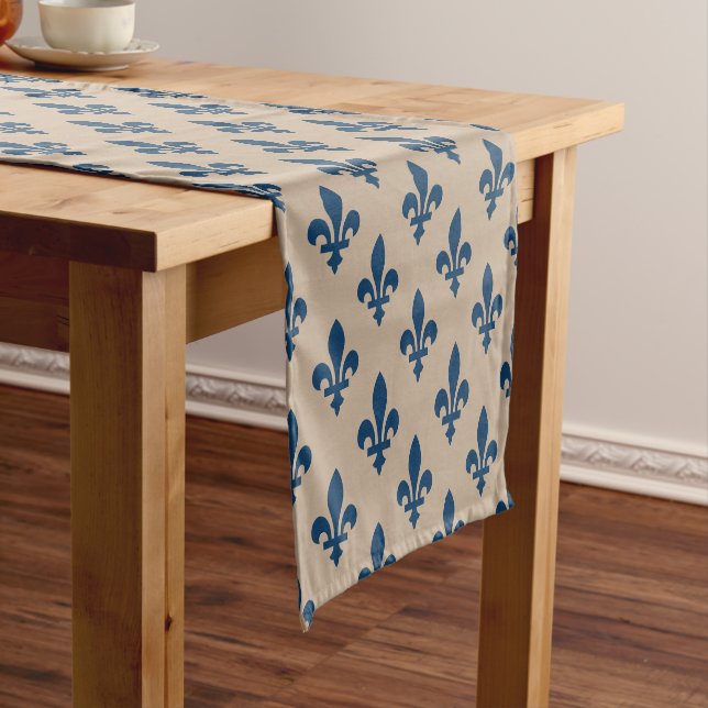 Fleur de Lis Pattern, Royal French Blue on Cream Short Table Runner (In Situ)
