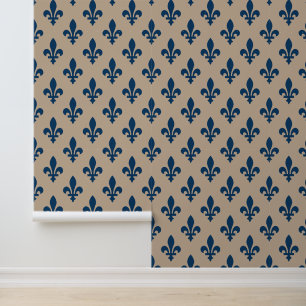 Fleur de Lis Pattern, Royal French Blue on Cream Wallpaper