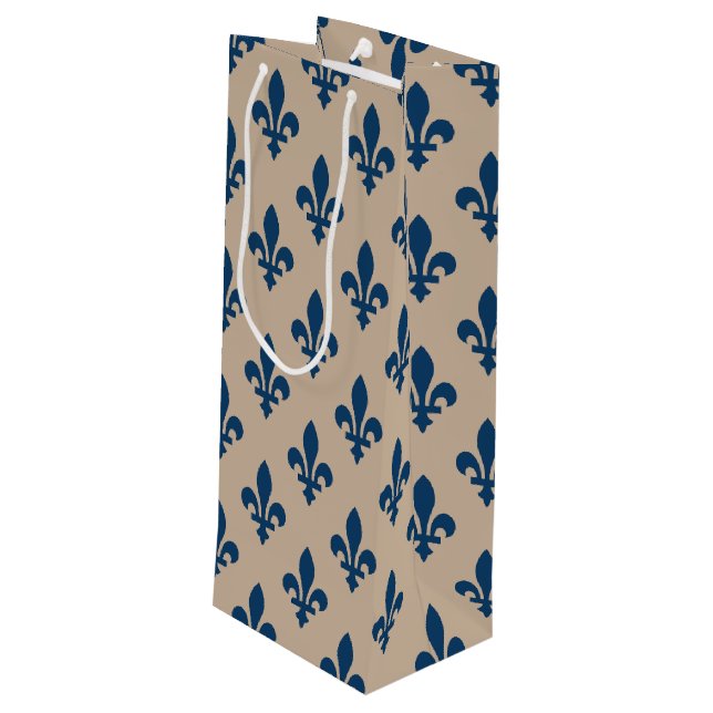 Fleur de Lis Pattern, Royal French Blue on Cream Wine Gift Bag (Back Angled)