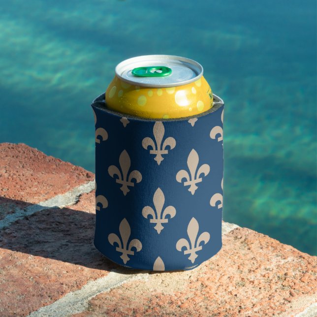 Fleur de Lis Pattern, Royal French, Cream on Blue Can Cooler (In Situ Pool)