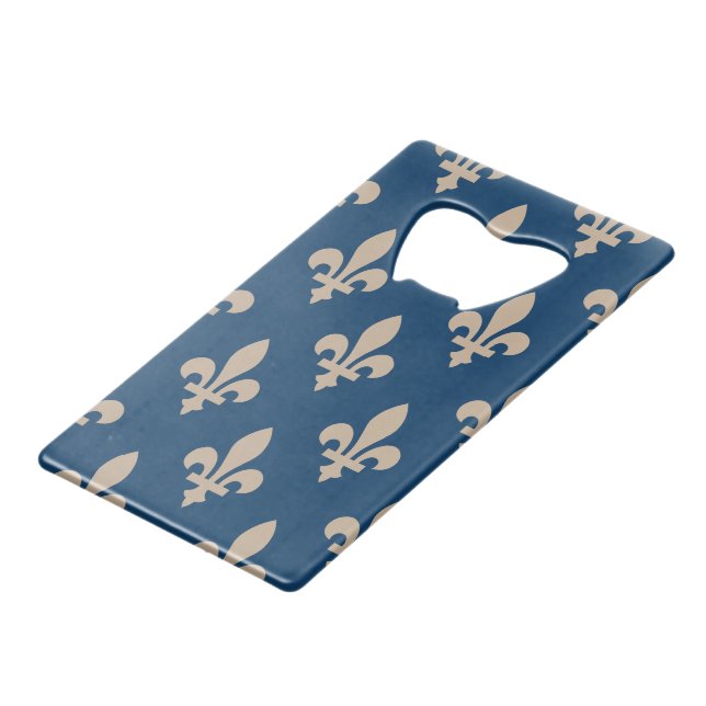 Fleur de Lis Pattern, Royal French, Cream on Blue Credit Card Bottle Opener (Front Angled)