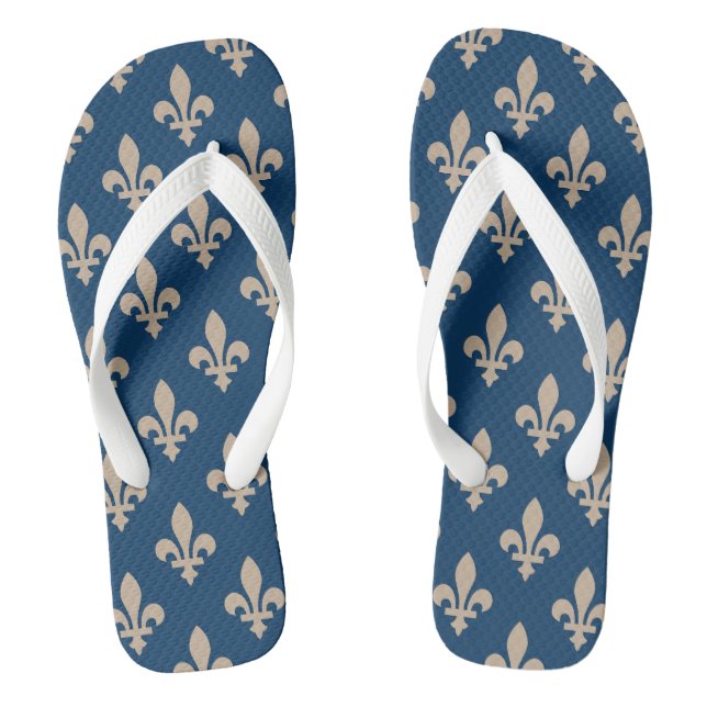 Fleur de Lis Pattern, Royal French, Cream on Blue Flip Flops (Footbed)