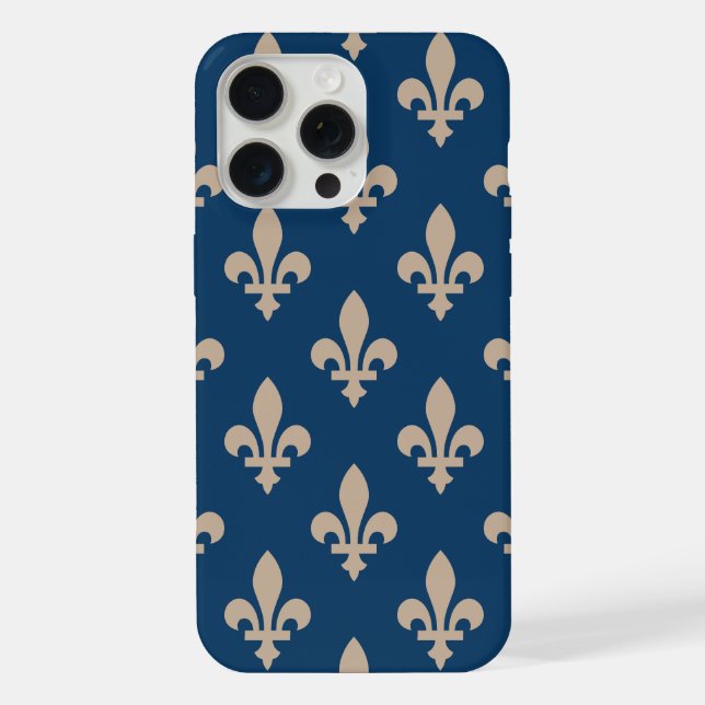 Fleur de Lis Pattern, Royal French, Cream on Blue iPhone Case (Back)
