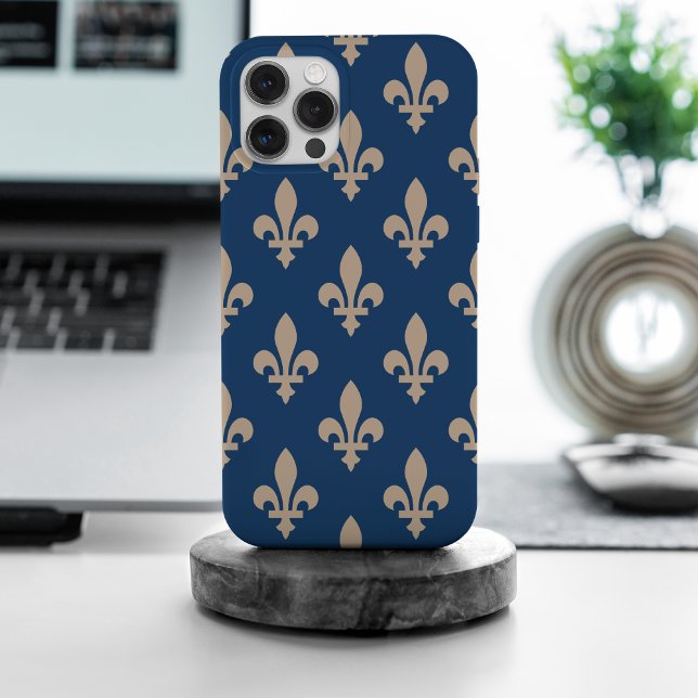 Fleur de Lis Pattern, Royal French, Cream on Blue iPhone Case (Creator Uploaded)