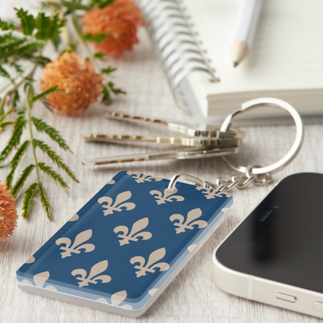 Fleur de Lis Pattern, Royal French, Cream on Blue Keychain (Front Right)