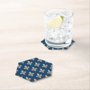 Fleur de Lis Pattern, Royal French, Cream on Blue Paper Coaster