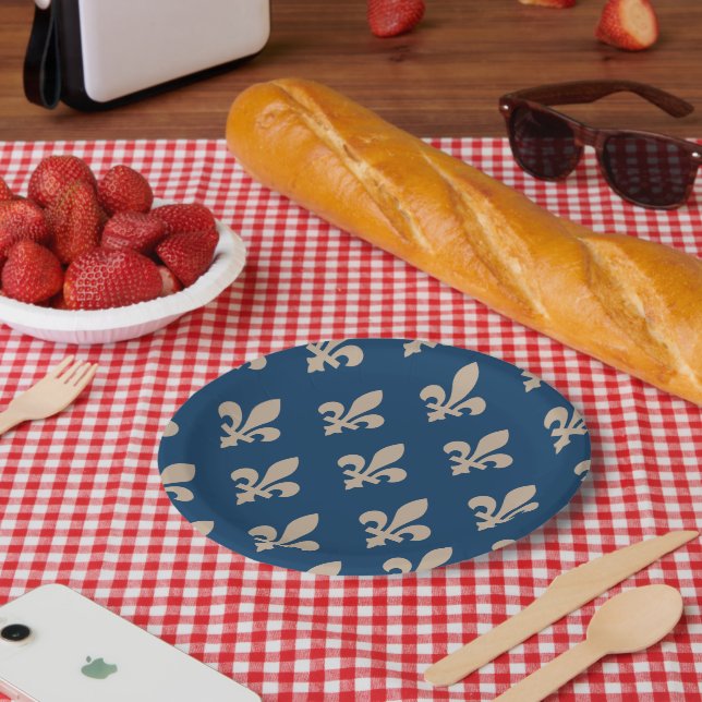 Fleur de Lis Pattern, Royal French, Cream on Blue Paper Plate (Picnic)