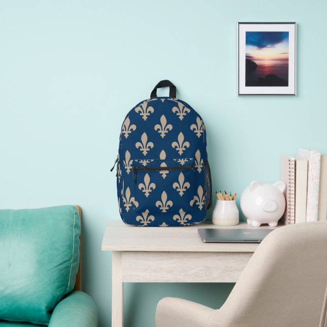 Fleur de Lis Pattern, Royal French, Cream on Blue Printed Backpack (Insitu)