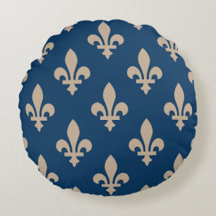 Fleur de Lis Pattern, Royal French, Cream on Blue Round Pillow