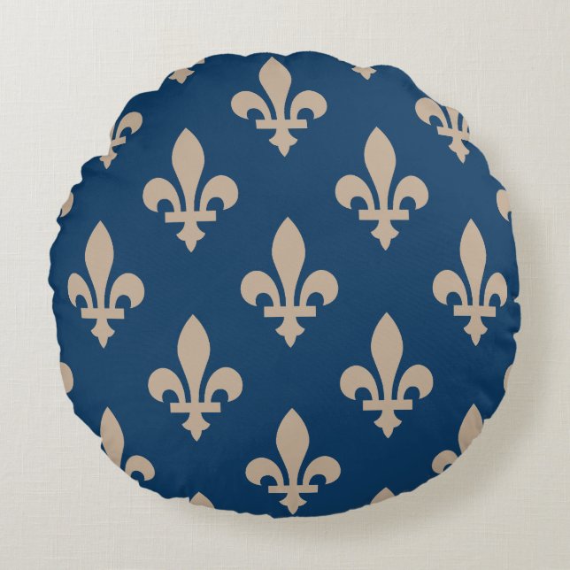 Fleur de Lis Pattern, Royal French, Cream on Blue Round Pillow (Front)