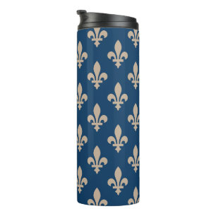 Fleur de Lis Pattern, Royal French, Cream on Blue Thermal Tumbler