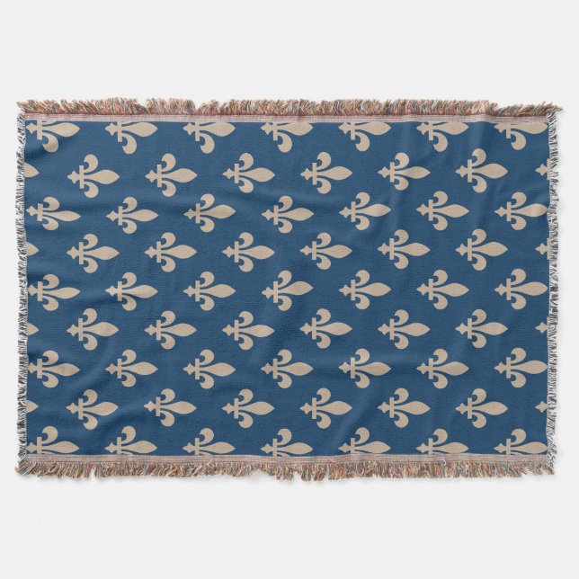 Fleur de Lis Pattern, Royal French, Cream on Blue Throw Blanket (Front)